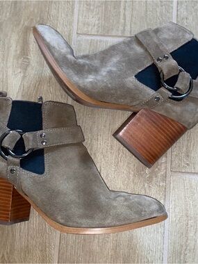 Marc Fisher Taupe Suede Ankle Booties with Ring Strap